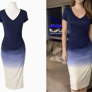 Young Fabulous & Broke Ombre Ruched Dress XS Navy Cream V Neck